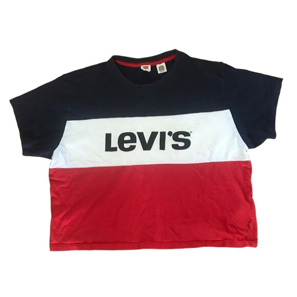 Levi T-Shirt Colorblock Crop Womens XS Red White & Blue 100% Cotton - Picture 1 of 4